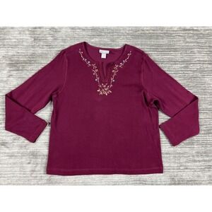 Capacity Knits Sweater Womens‎ Large Red Burgundy Embroidered Floral V-Neck